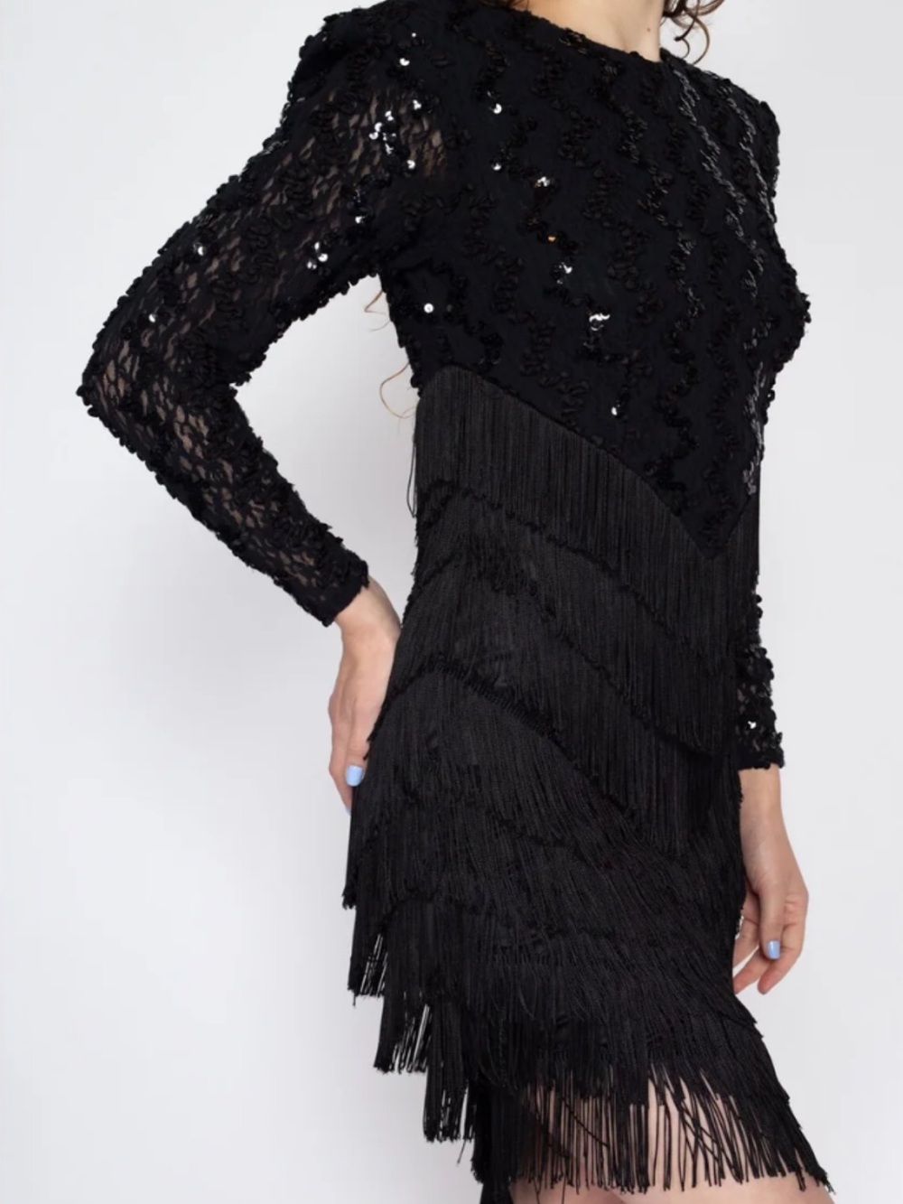 Dave & Johnny Vintage 1980's Black Sequin and Fringe Long-Sleeve Dress Size 5-6